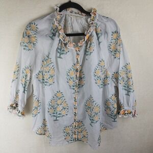 Wayward Fancies eShakti Blouse Women M White Floral Cottn Boho Ruffle embroidery